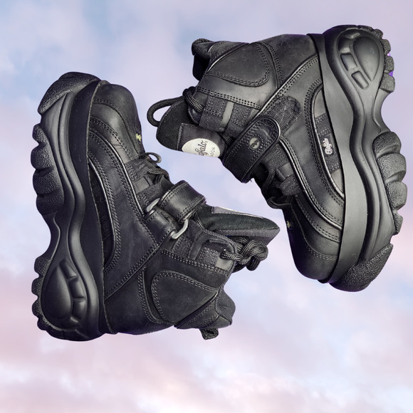 Vtg 90s Buffalo London Black Classic Leather Platform Chunky High Sneaker 37 - Picture 3 of 8